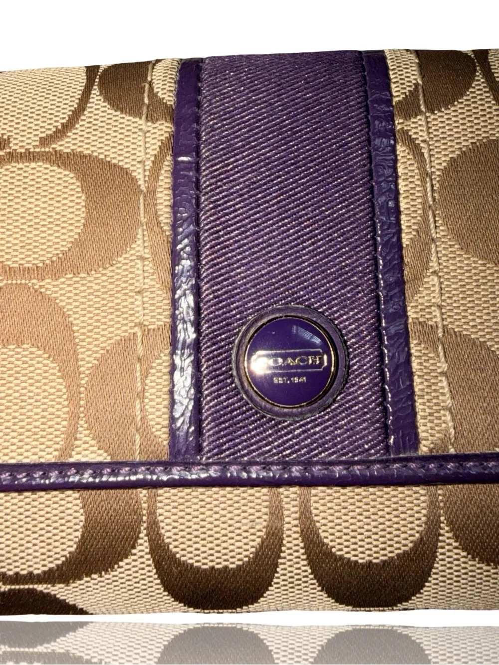 Coach Khaki Signature Wallet with Purple Leather Trim